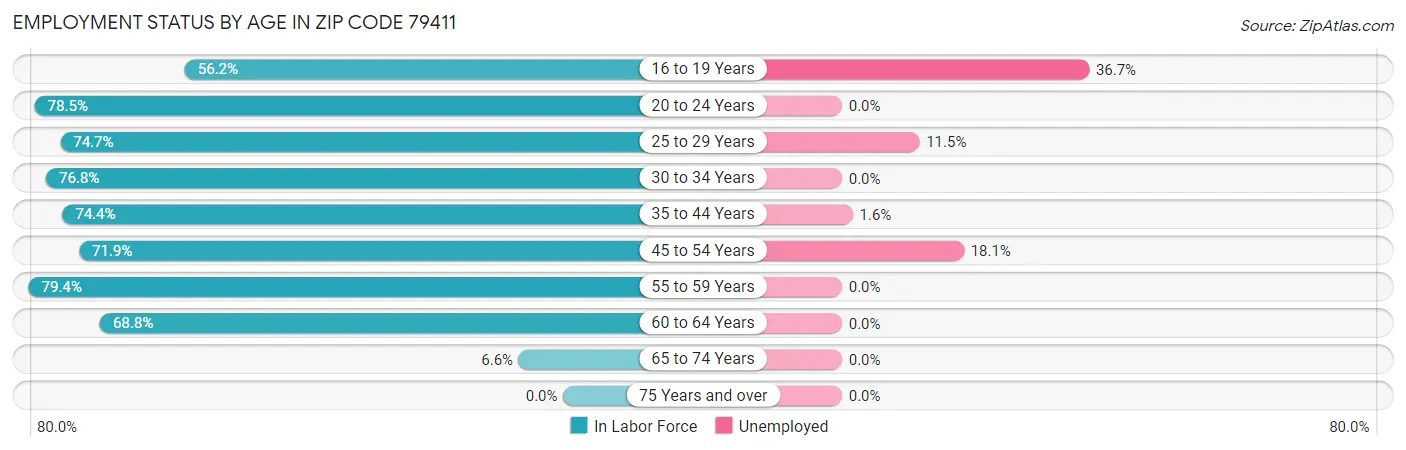 Employment Status by Age in Zip Code 79411