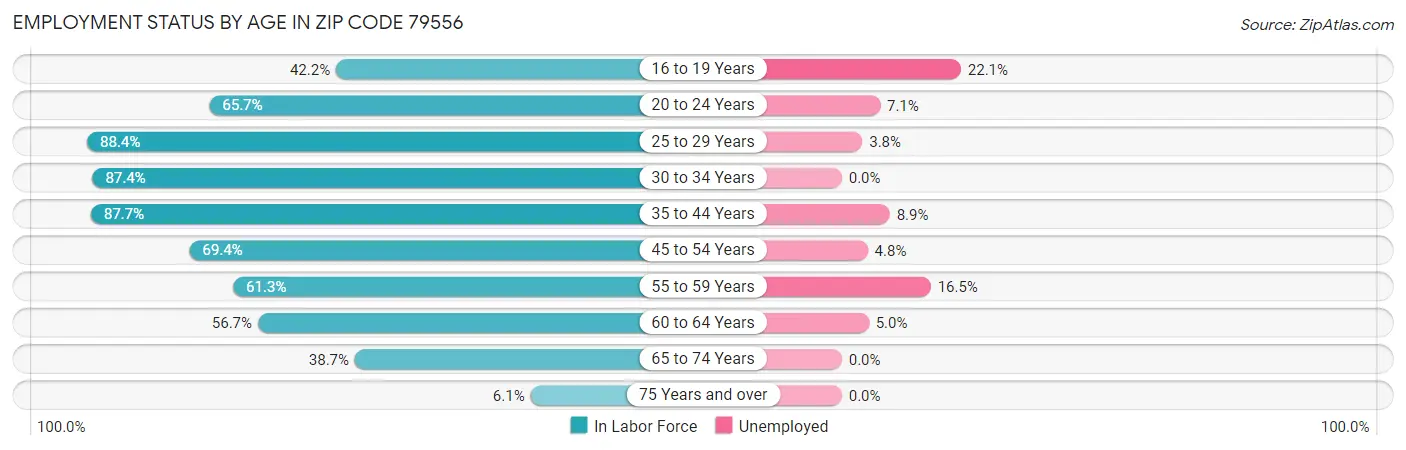 Employment Status by Age in Zip Code 79556