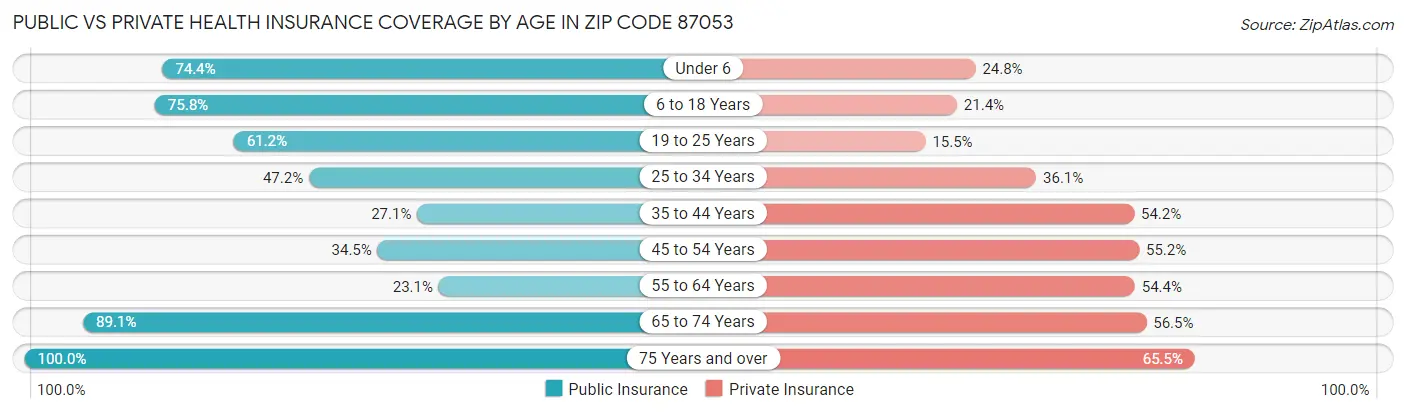 Public vs Private Health Insurance Coverage by Age in Zip Code 87053