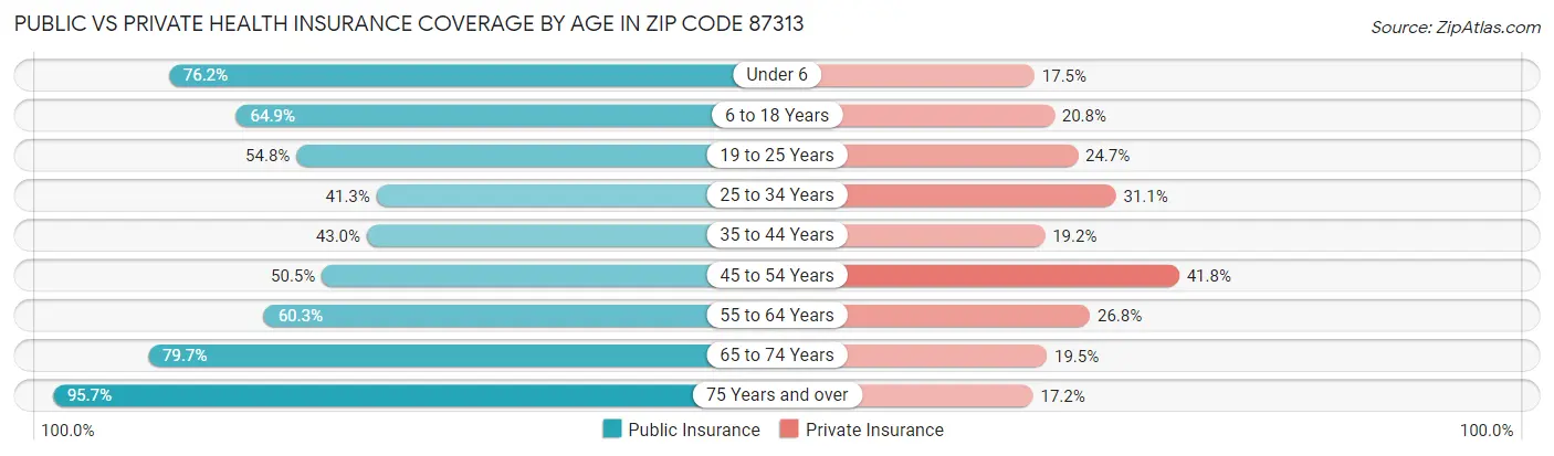 Public vs Private Health Insurance Coverage by Age in Zip Code 87313