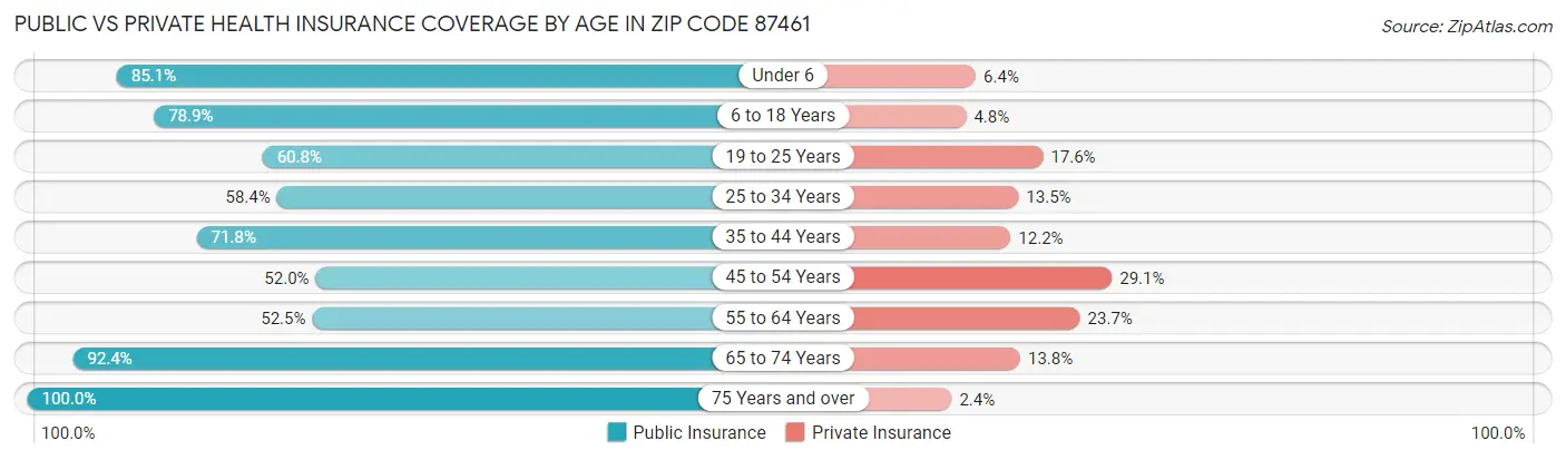 Public vs Private Health Insurance Coverage by Age in Zip Code 87461