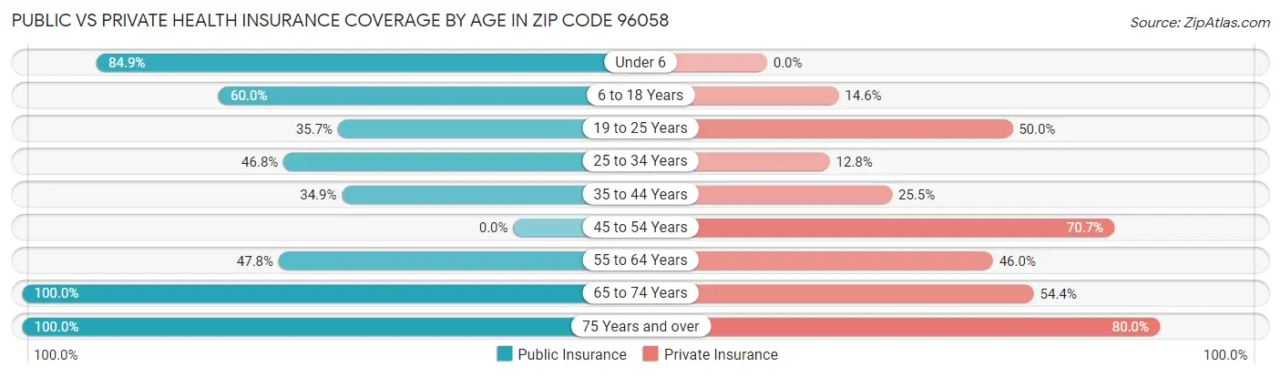 Public vs Private Health Insurance Coverage by Age in Zip Code 96058