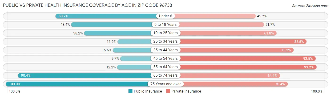 Public vs Private Health Insurance Coverage by Age in Zip Code 96738
