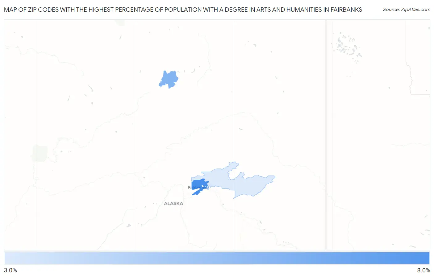 Zip Codes with the Highest Percentage of Population with a Degree in Arts and Humanities in Fairbanks Map