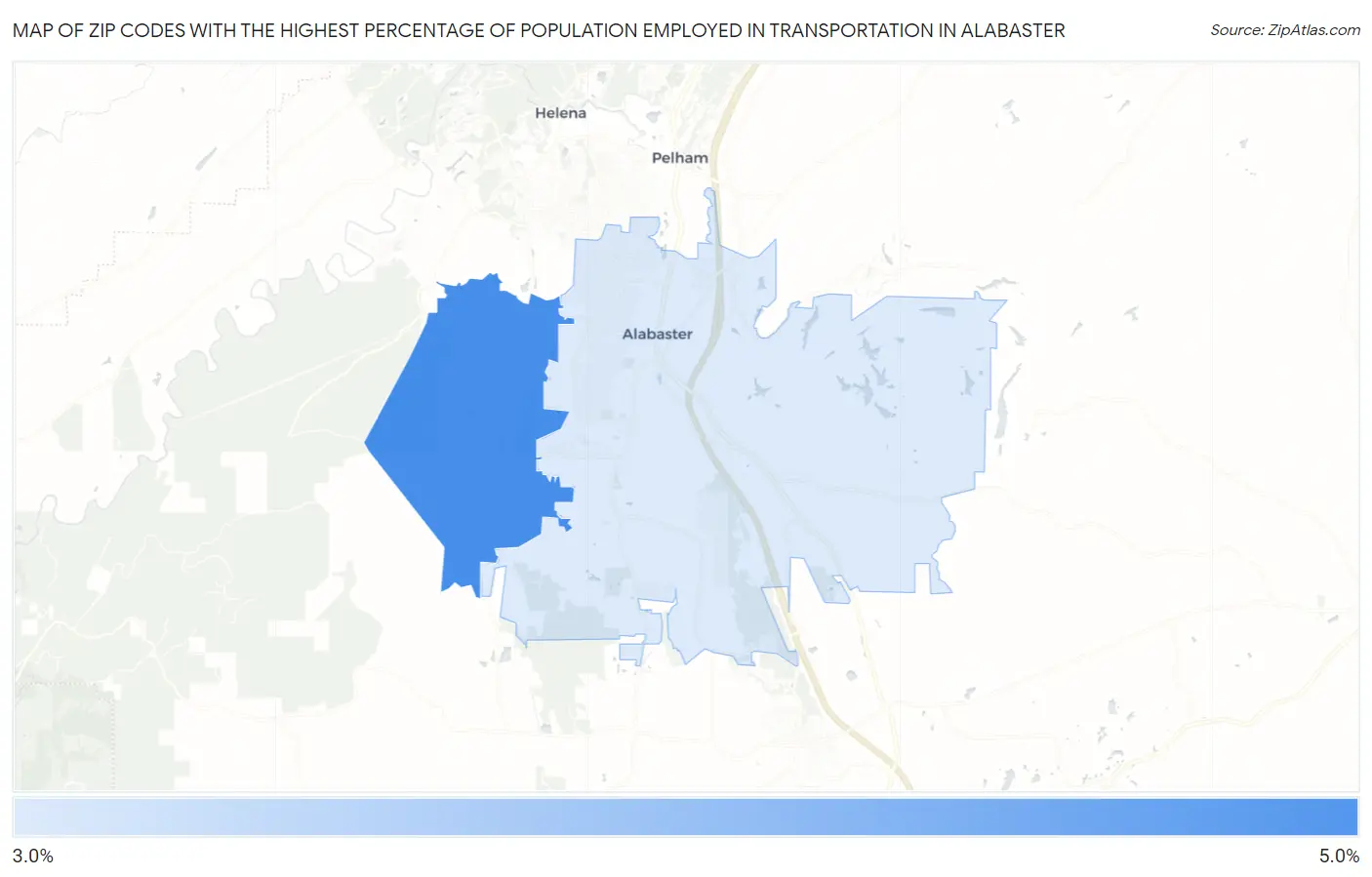 Zip Codes with the Highest Percentage of Population Employed in Transportation in Alabaster Map