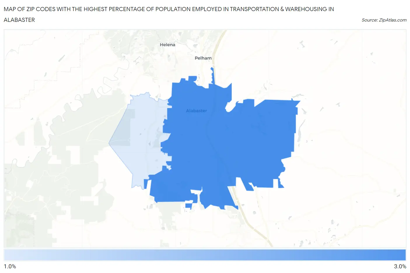 Zip Codes with the Highest Percentage of Population Employed in Transportation & Warehousing in Alabaster Map