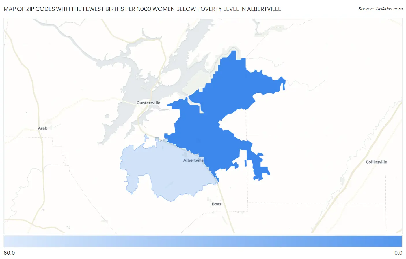 Zip Codes with the Fewest Births per 1,000 Women Below Poverty Level in Albertville Map