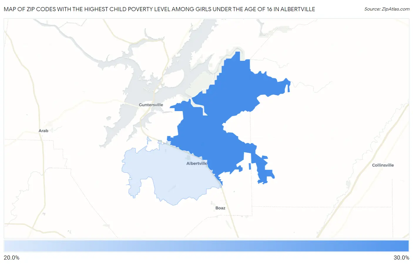 Zip Codes with the Highest Child Poverty Level Among Girls Under the Age of 16 in Albertville Map