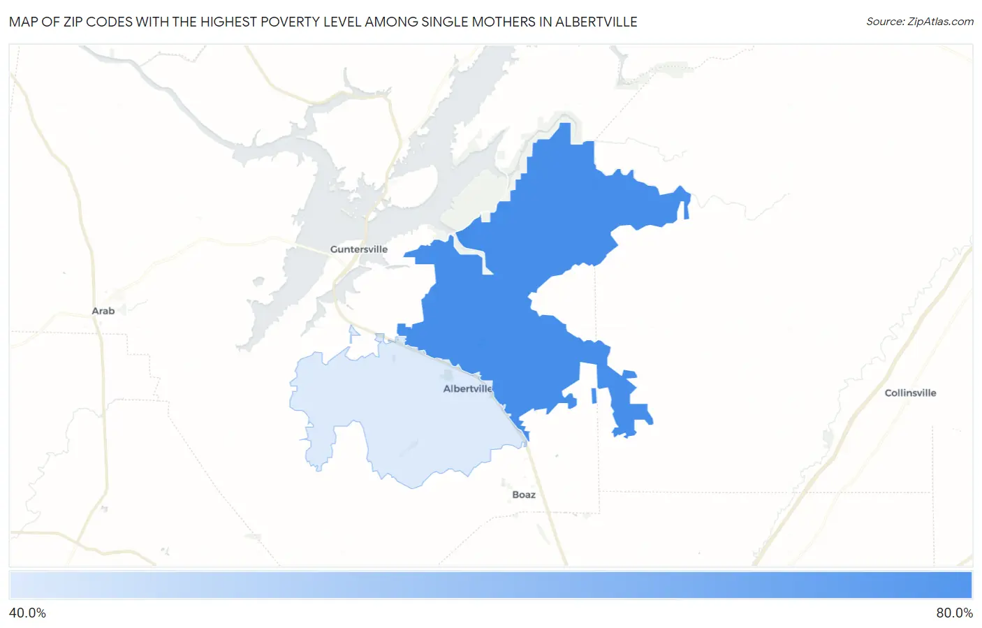 Zip Codes with the Highest Poverty Level Among Single Mothers in Albertville Map