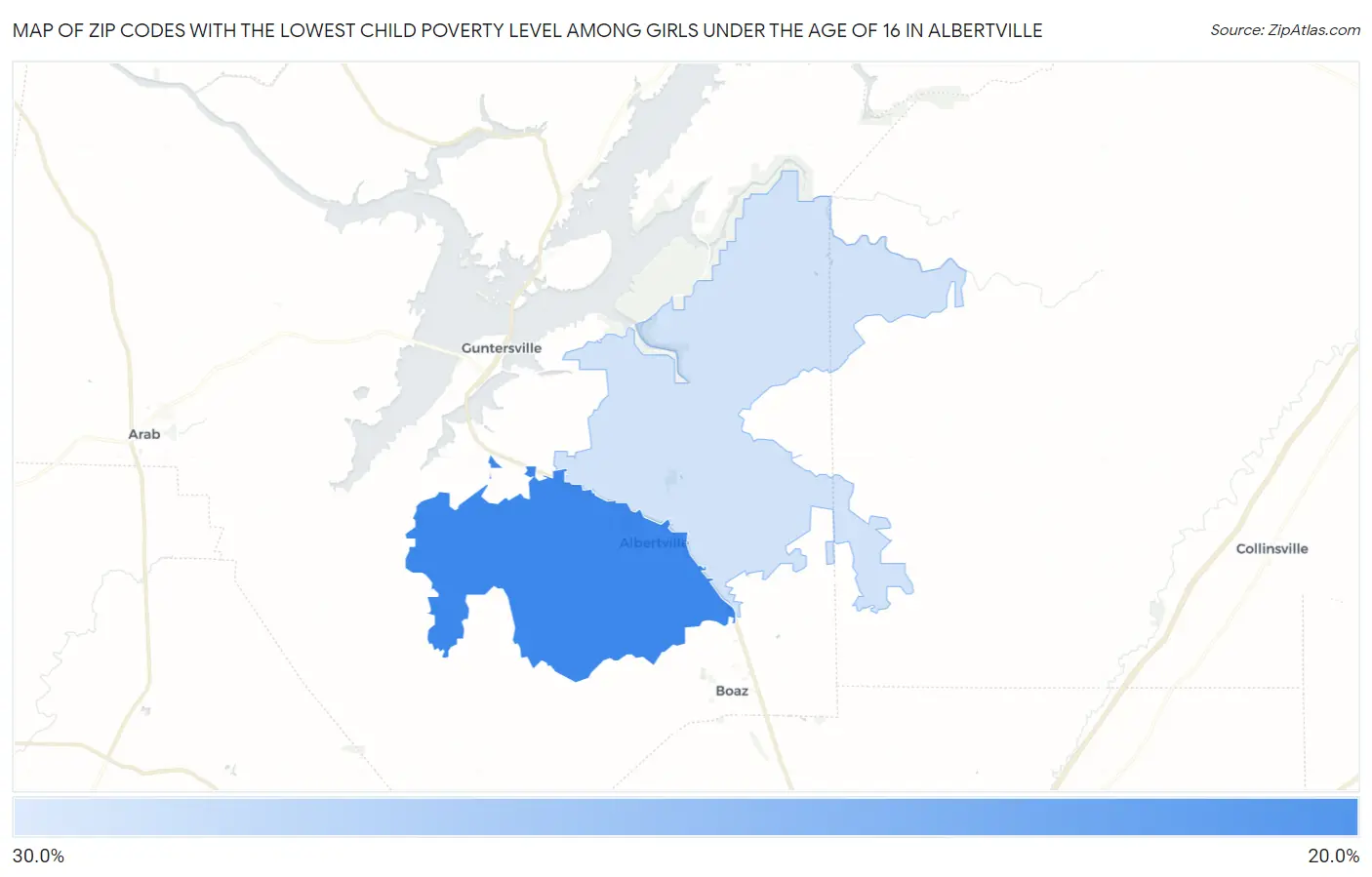 Zip Codes with the Lowest Child Poverty Level Among Girls Under the Age of 16 in Albertville Map