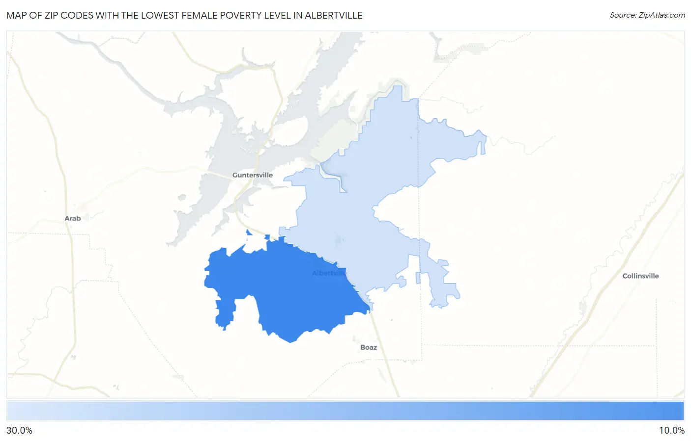 Zip Codes with the Lowest Female Poverty Level in Albertville Map