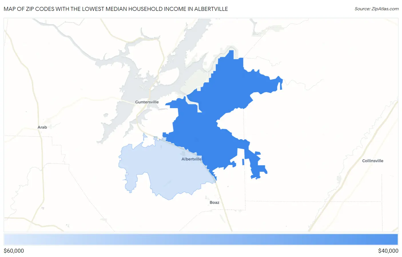 Zip Codes with the Lowest Median Household Income in Albertville Map