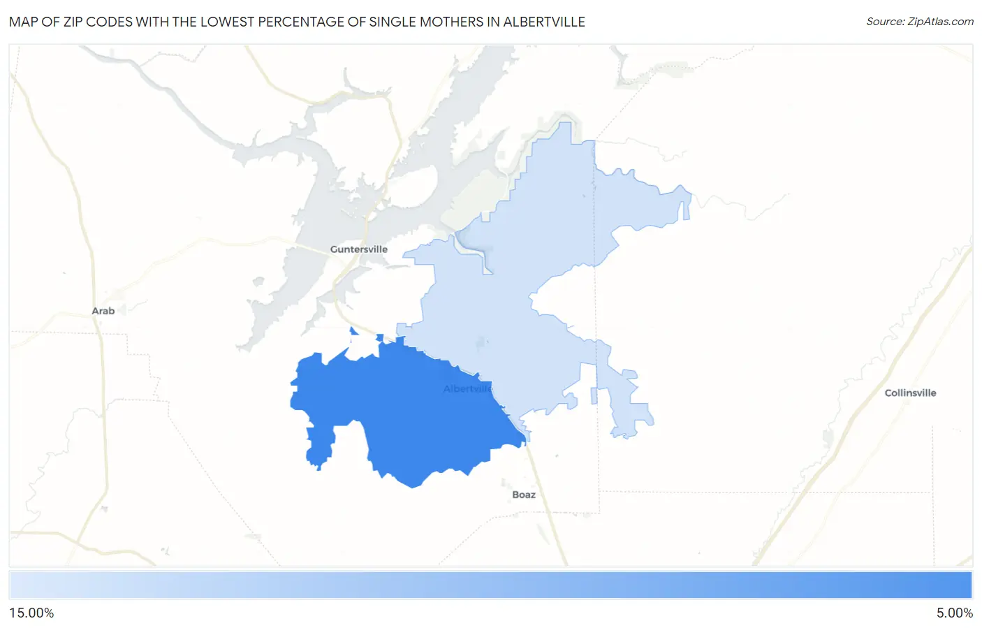 Zip Codes with the Lowest Percentage of Single Mothers in Albertville Map