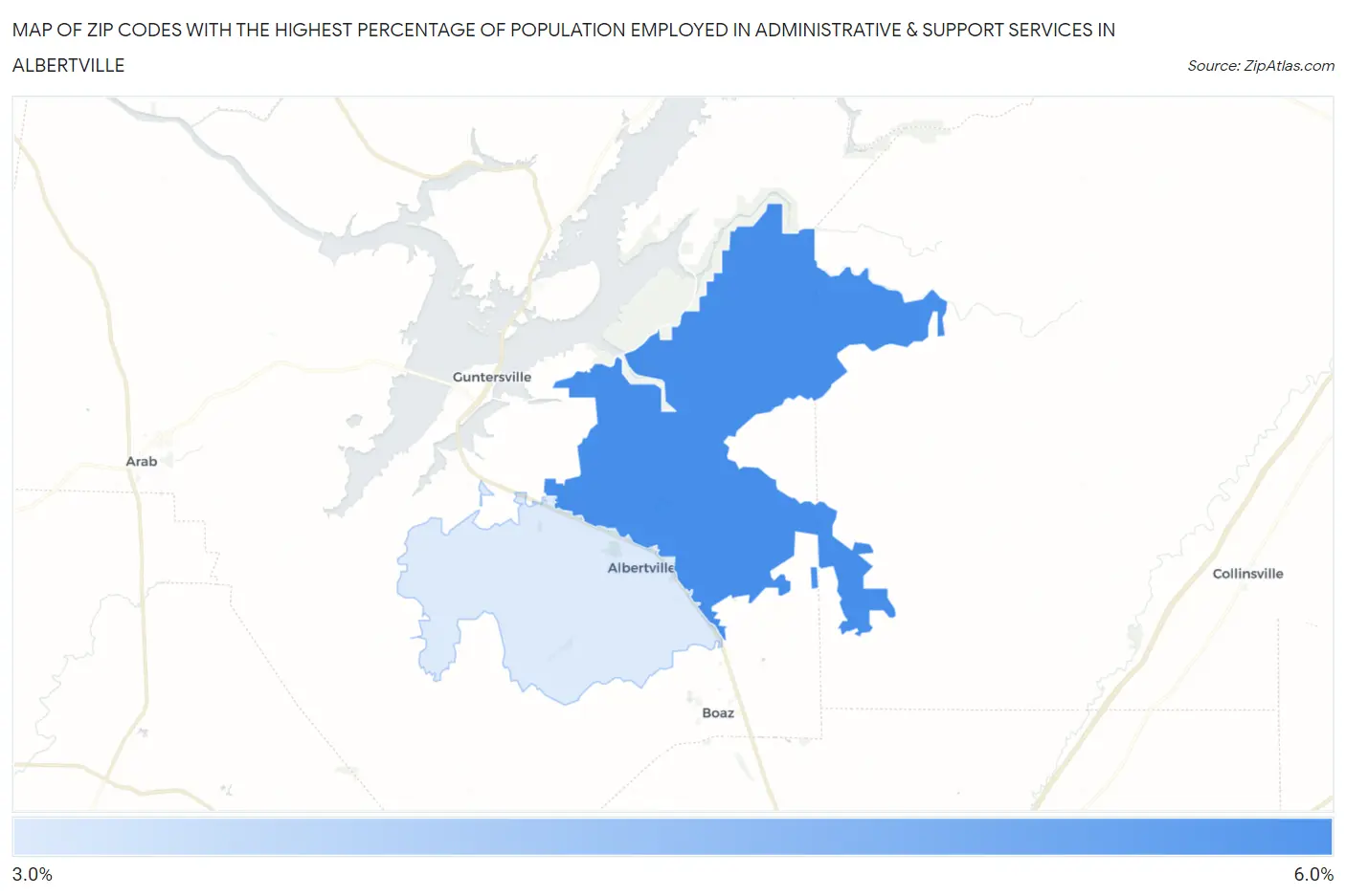 Zip Codes with the Highest Percentage of Population Employed in Administrative & Support Services in Albertville Map