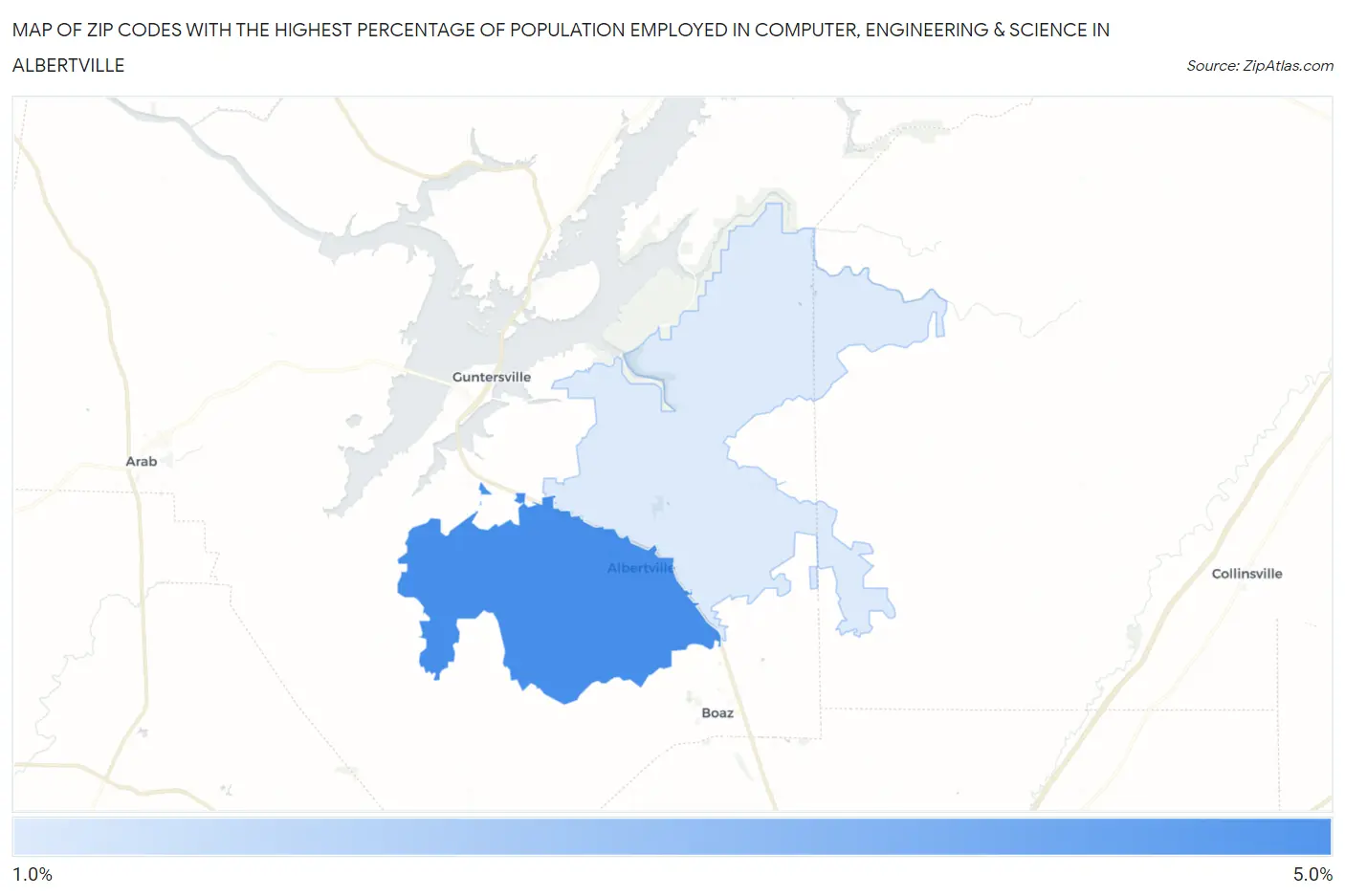 Zip Codes with the Highest Percentage of Population Employed in Computer, Engineering & Science in Albertville Map