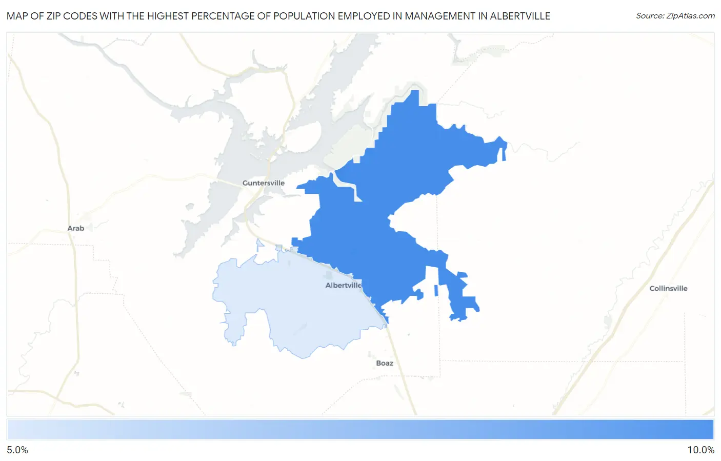 Zip Codes with the Highest Percentage of Population Employed in Management in Albertville Map