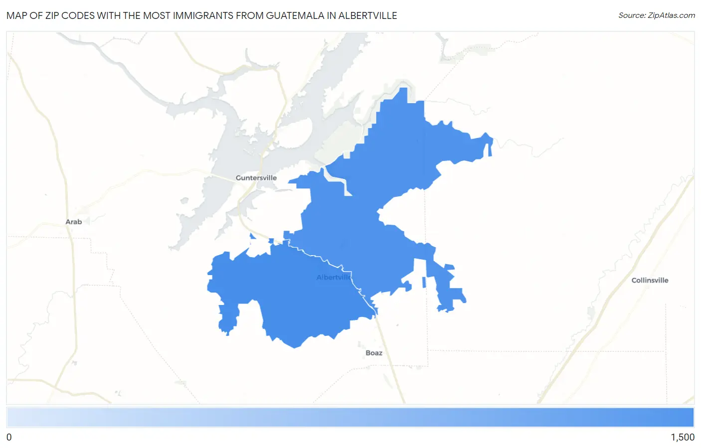Zip Codes with the Most Immigrants from Guatemala in Albertville Map