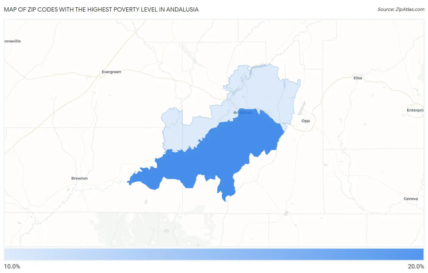 Zip Codes with the Highest Poverty Level in Andalusia Map