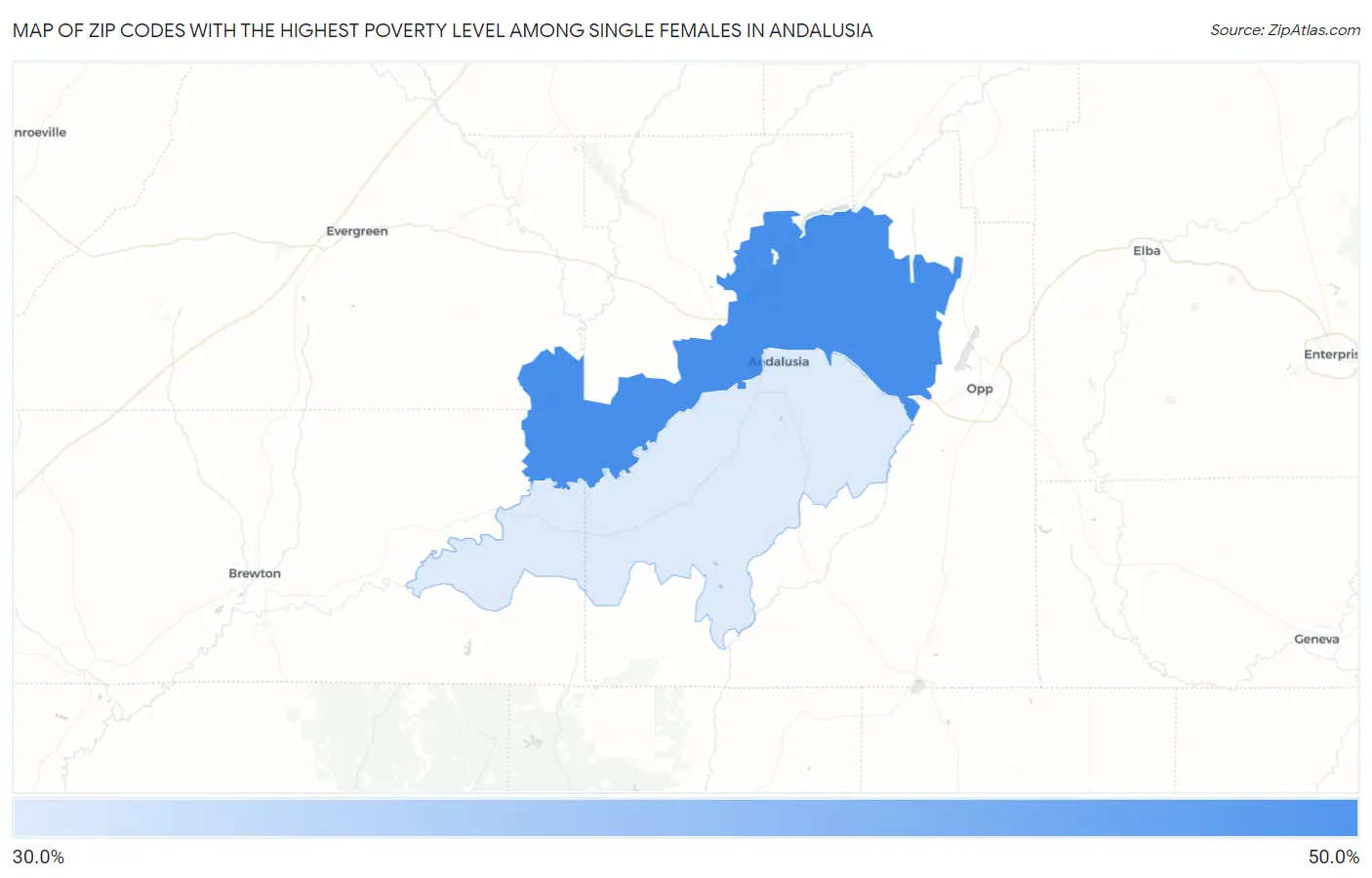 Zip Codes with the Highest Poverty Level Among Single Females in Andalusia Map