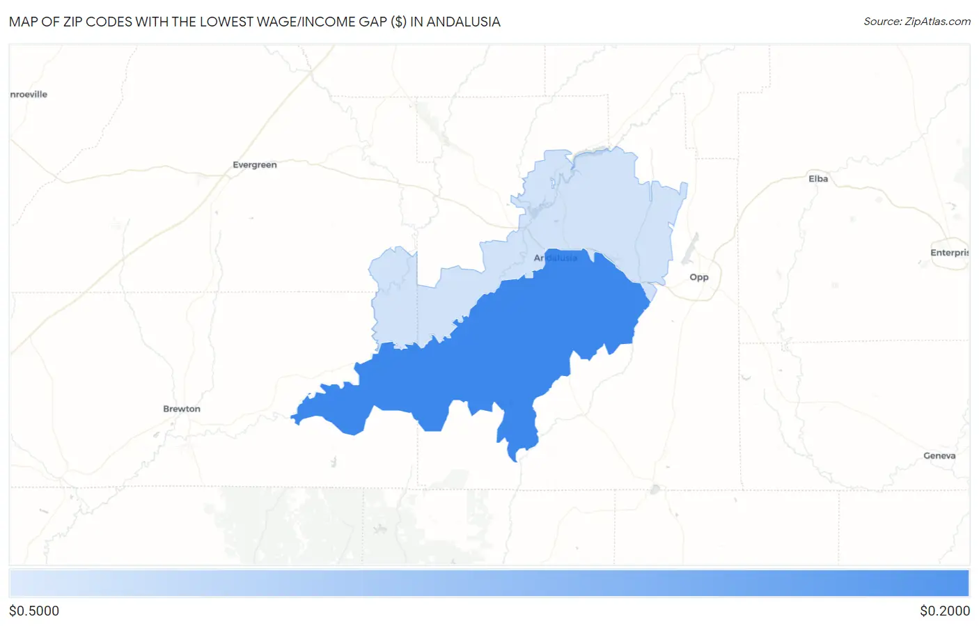 Zip Codes with the Lowest Wage/Income Gap ($) in Andalusia Map
