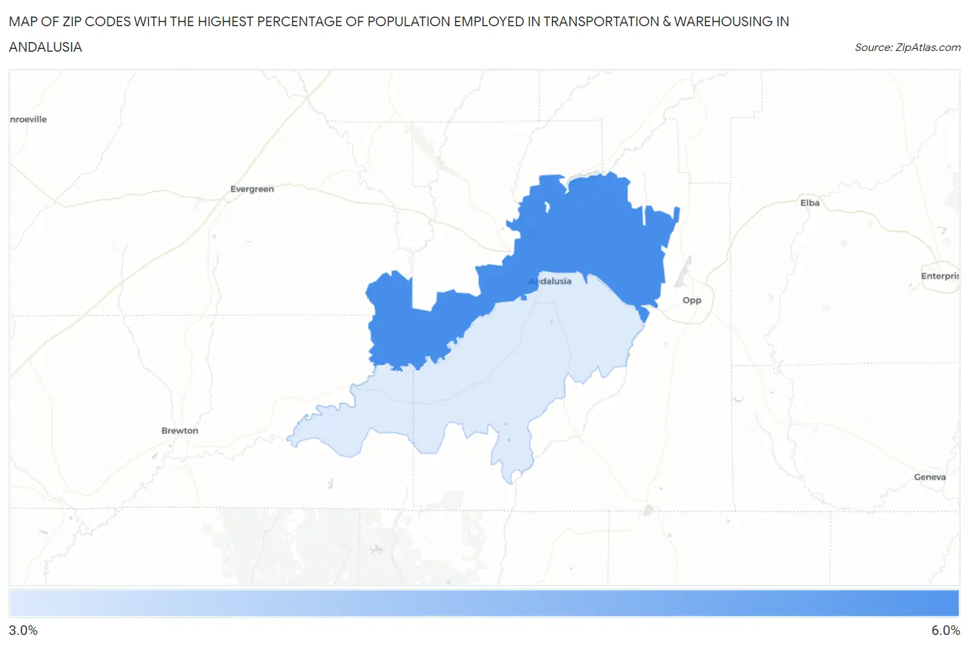 Zip Codes with the Highest Percentage of Population Employed in Transportation & Warehousing in Andalusia Map