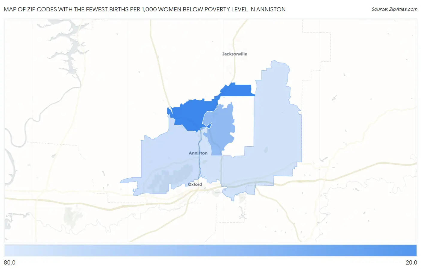 Zip Codes with the Fewest Births per 1,000 Women Below Poverty Level in Anniston Map