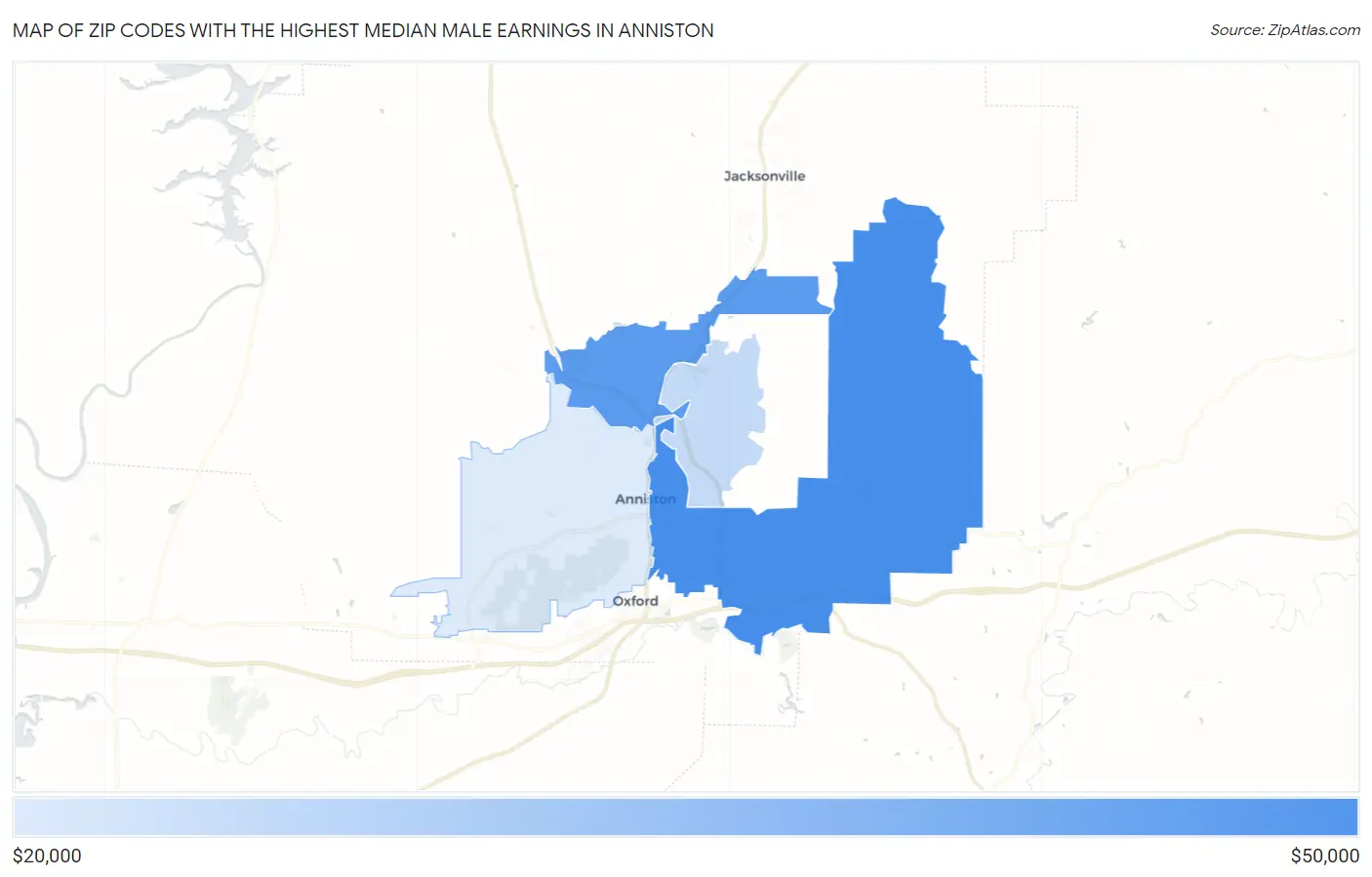 Zip Codes with the Highest Median Male Earnings in Anniston Map