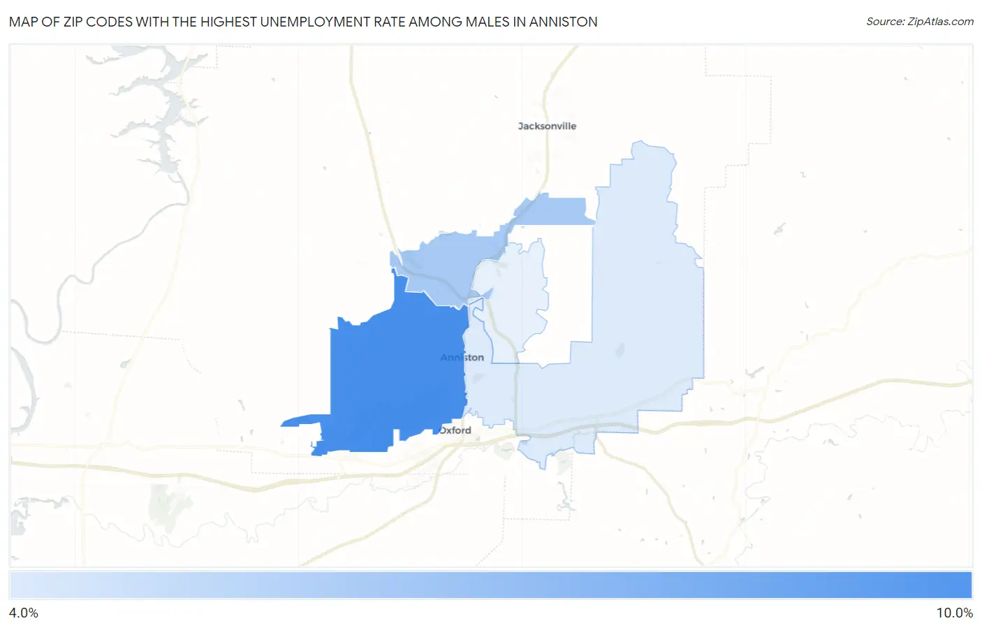 Zip Codes with the Highest Unemployment Rate Among Males in Anniston Map