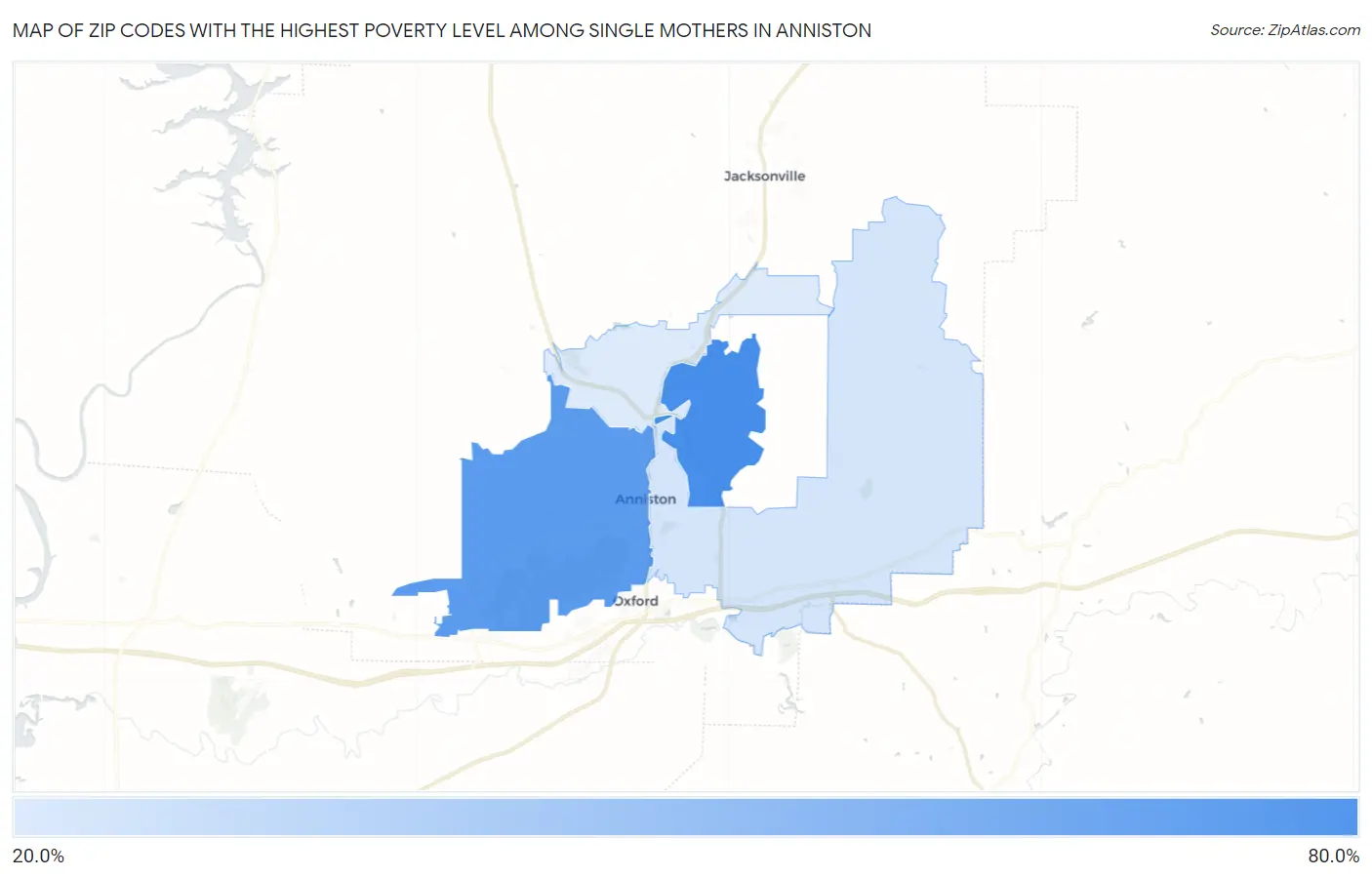 Zip Codes with the Highest Poverty Level Among Single Mothers in Anniston Map