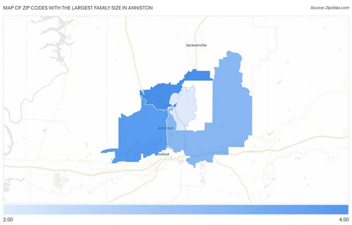 Zip Codes with the Largest Family Size in Anniston Map