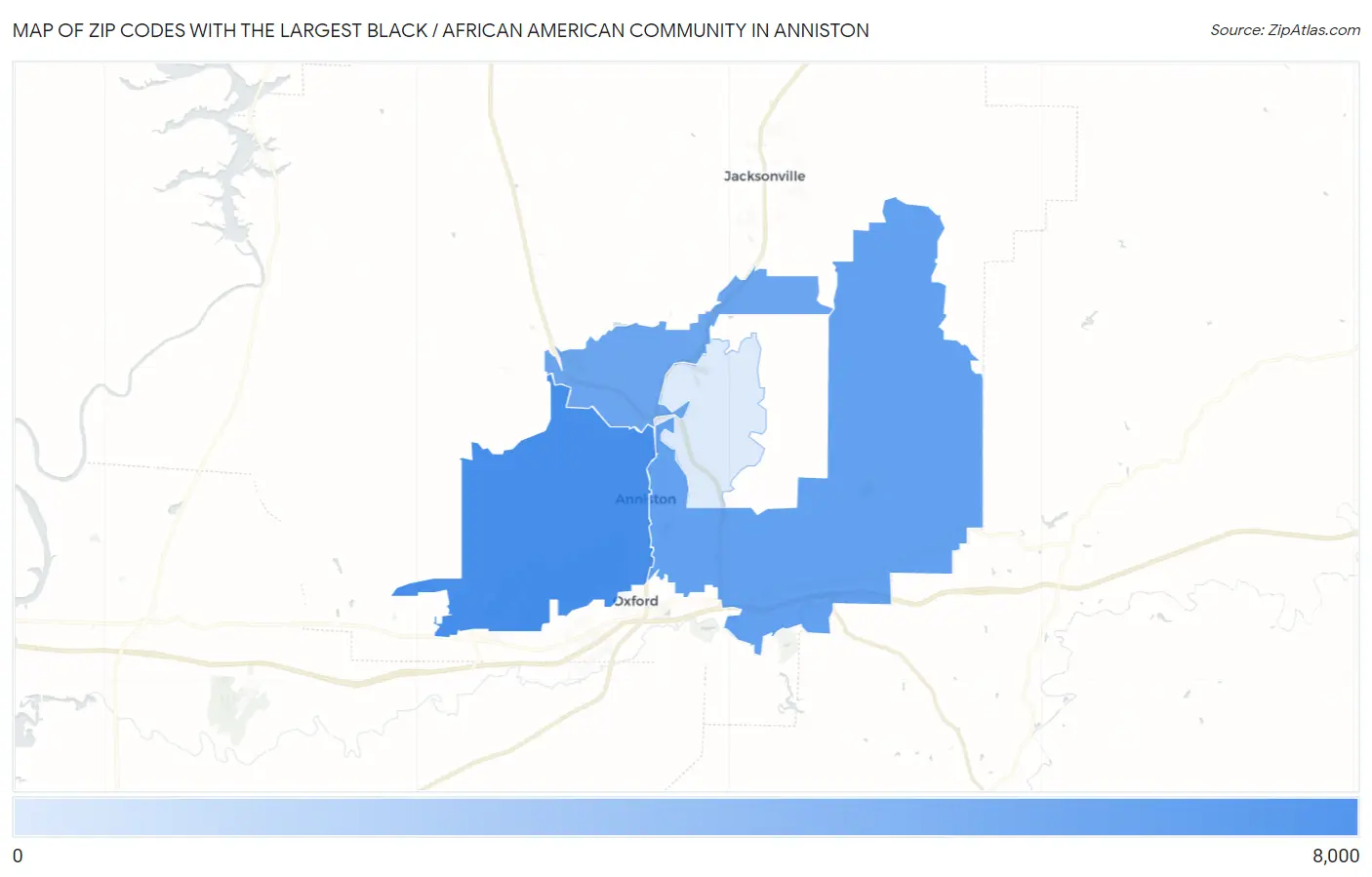 Zip Codes with the Largest Black / African American Community in Anniston Map