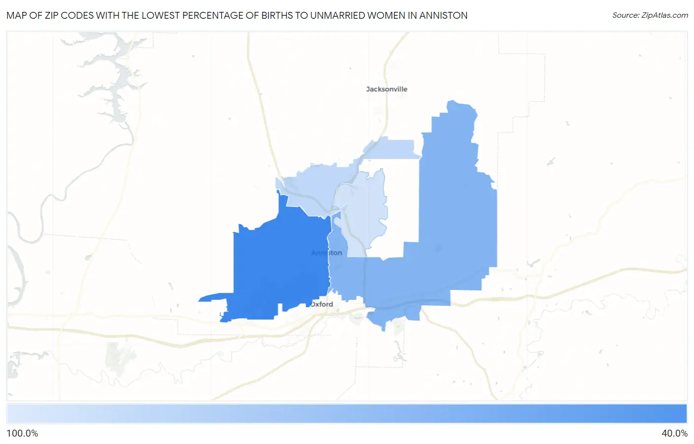 Zip Codes with the Lowest Percentage of Births to Unmarried Women in Anniston Map