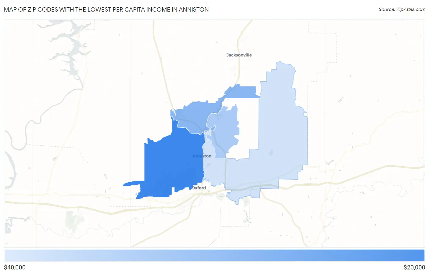 Zip Codes with the Lowest Per Capita Income in Anniston Map
