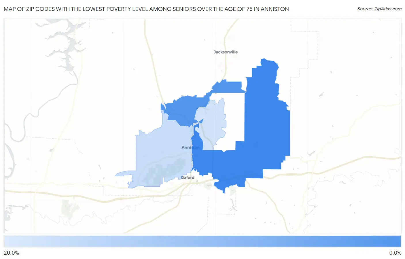 Zip Codes with the Lowest Poverty Level Among Seniors Over the Age of 75 in Anniston Map