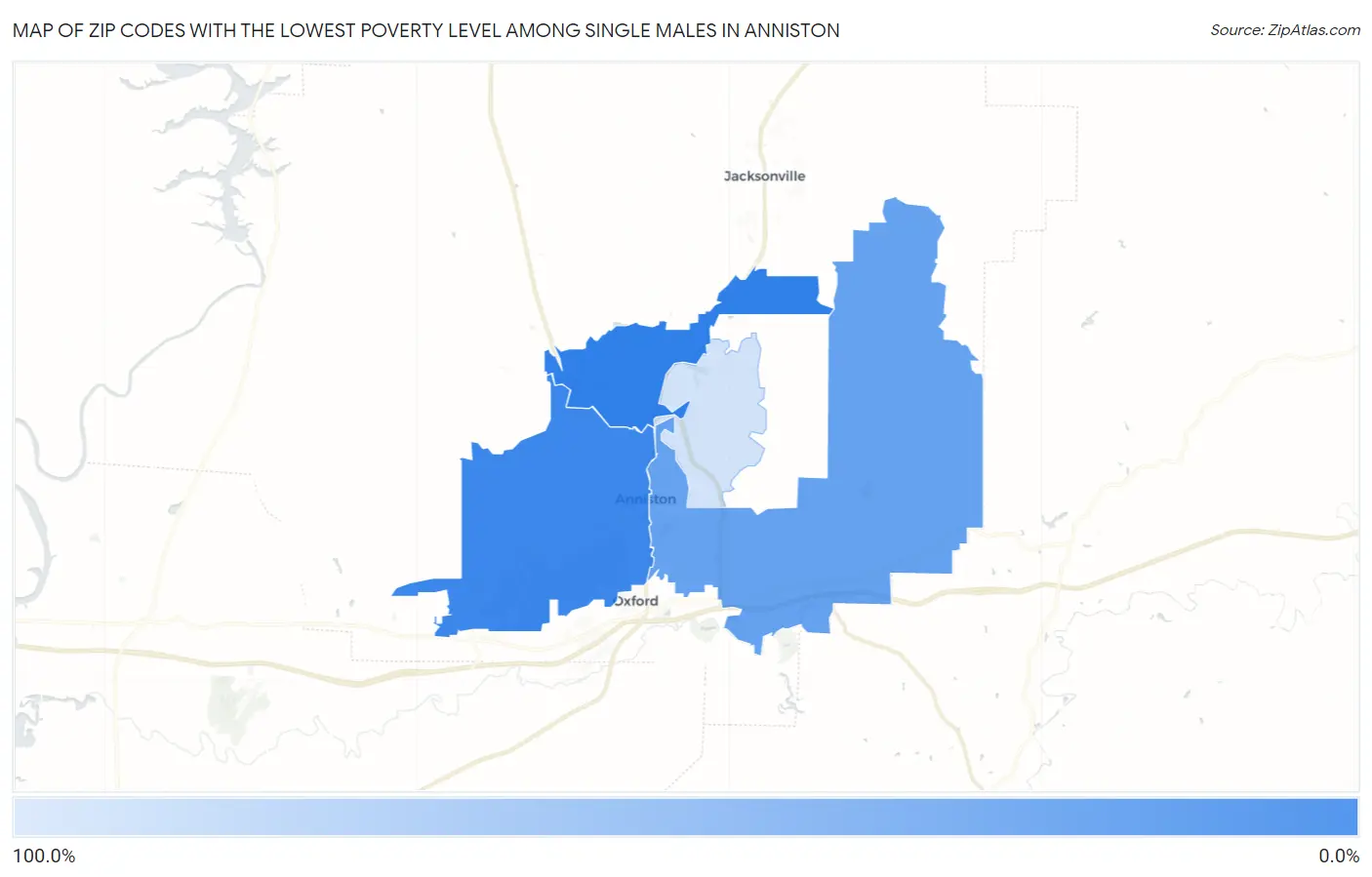Zip Codes with the Lowest Poverty Level Among Single Males in Anniston Map
