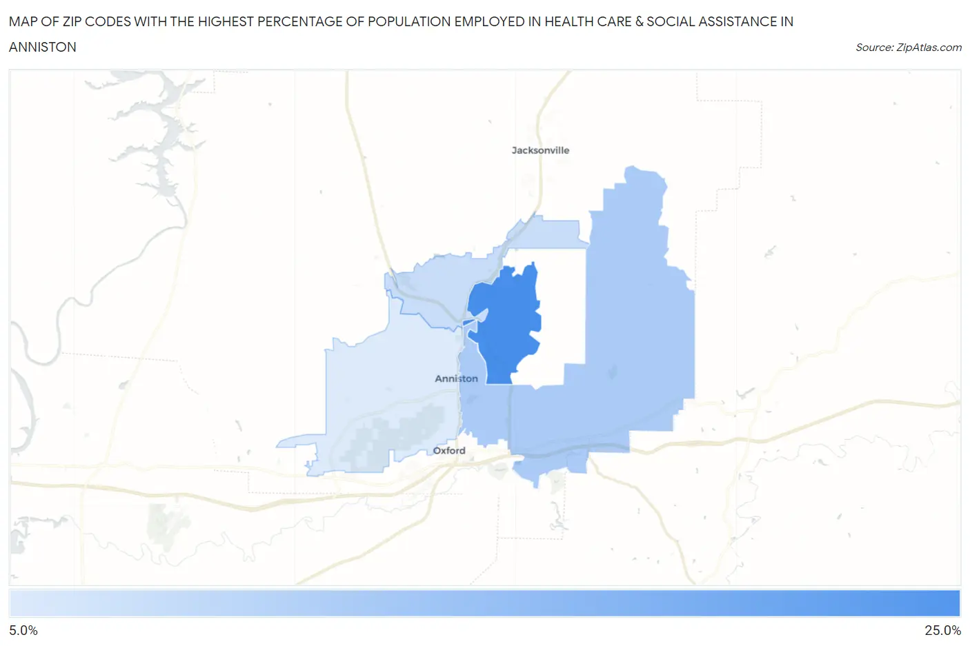 Zip Codes with the Highest Percentage of Population Employed in Health Care & Social Assistance in Anniston Map