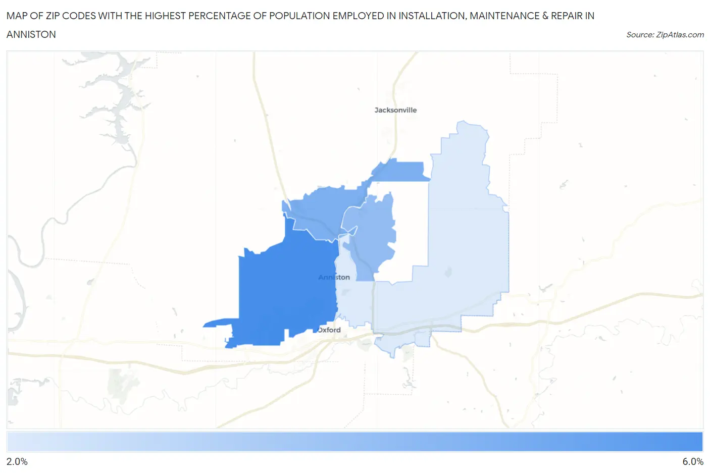 Zip Codes with the Highest Percentage of Population Employed in Installation, Maintenance & Repair in Anniston Map
