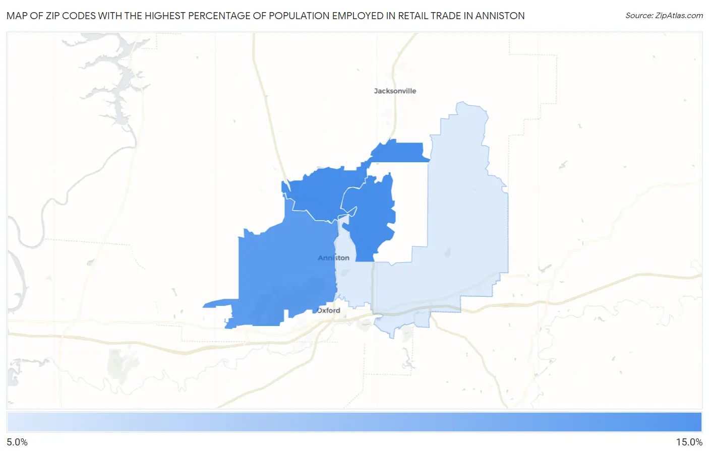 Zip Codes with the Highest Percentage of Population Employed in Retail Trade in Anniston Map