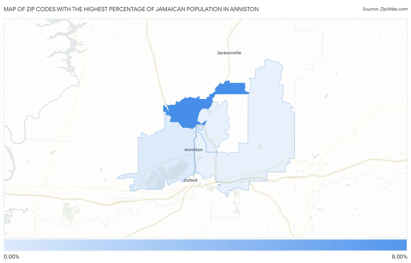 Zip Codes with the Highest Percentage of Jamaican Population in Anniston Map