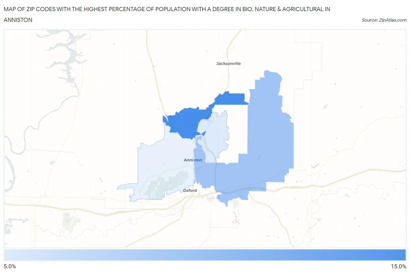 Zip Codes with the Highest Percentage of Population with a Degree in Bio, Nature & Agricultural in Anniston Map