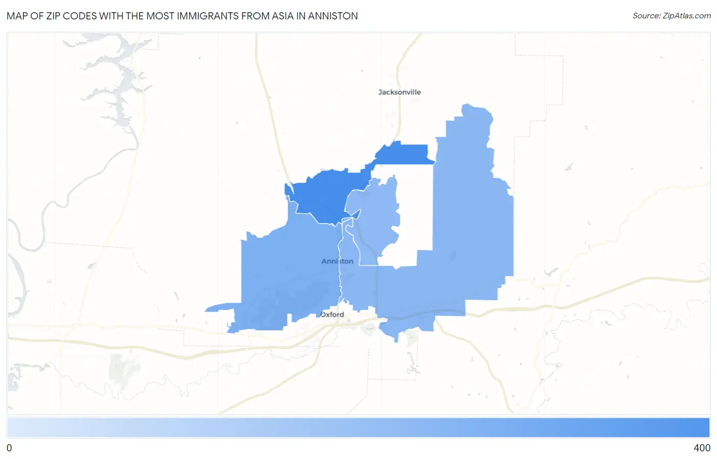 Zip Codes with the Most Immigrants from Asia in Anniston Map