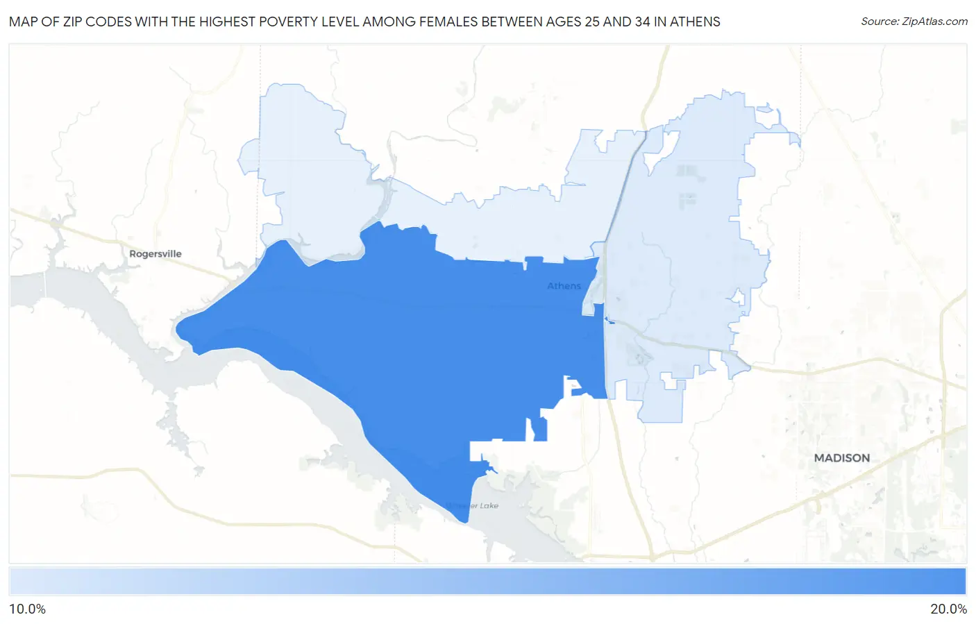 Zip Codes with the Highest Poverty Level Among Females Between Ages 25 and 34 in Athens Map