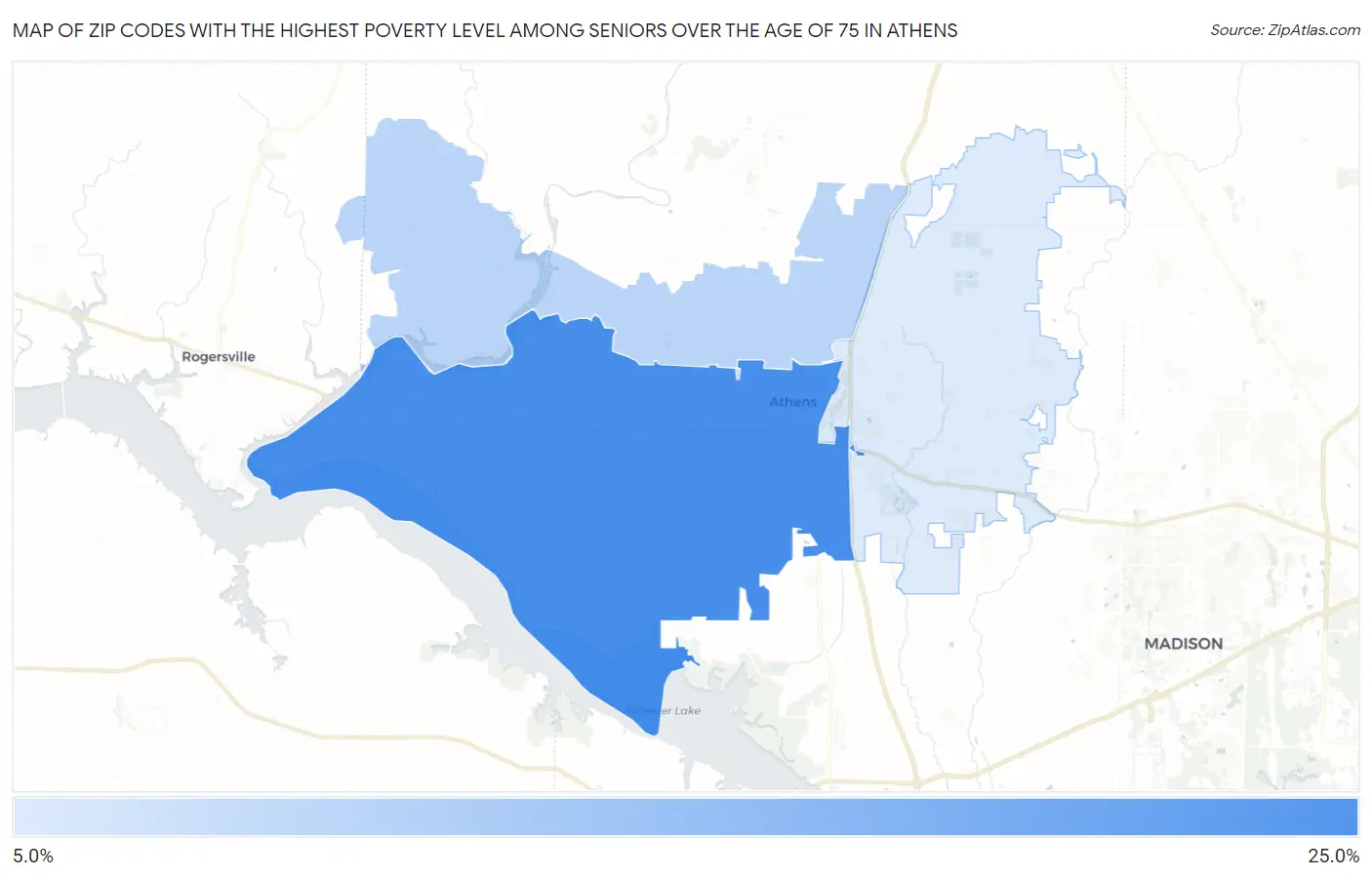 Zip Codes with the Highest Poverty Level Among Seniors Over the Age of 75 in Athens Map