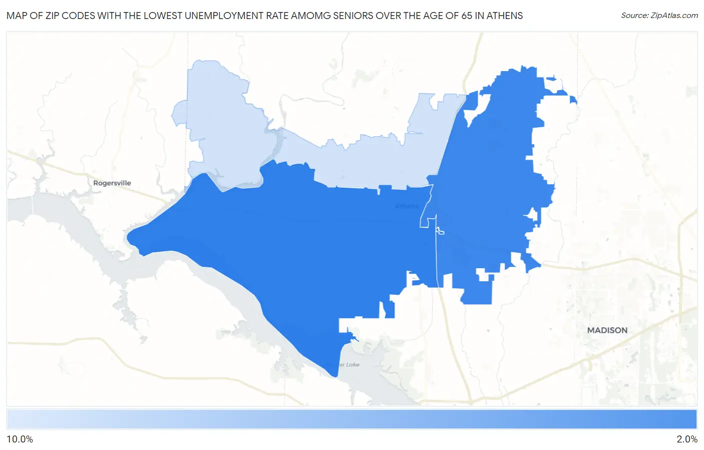 Zip Codes with the Lowest Unemployment Rate Amomg Seniors Over the Age of 65 in Athens Map