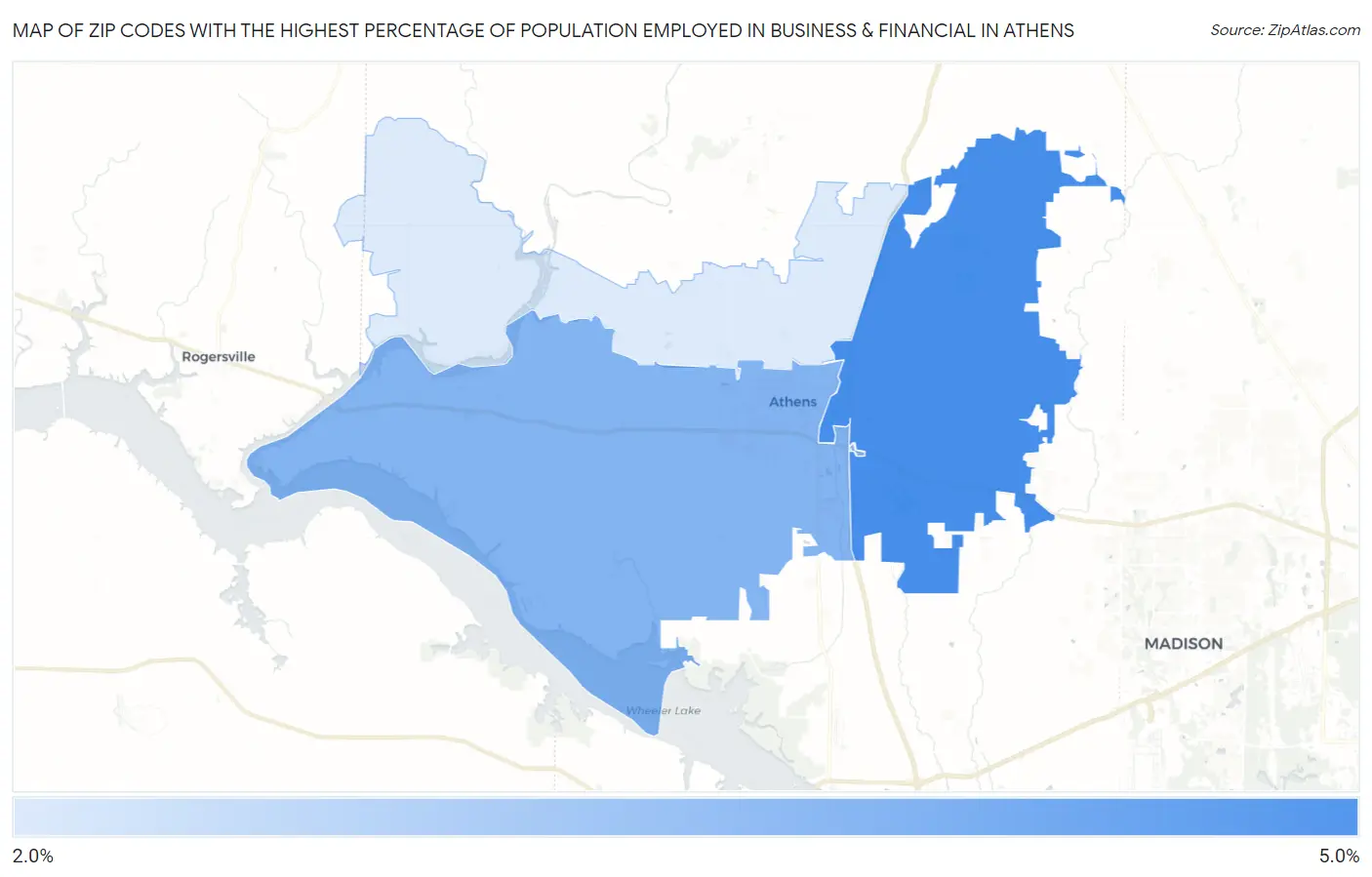 Zip Codes with the Highest Percentage of Population Employed in Business & Financial in Athens Map
