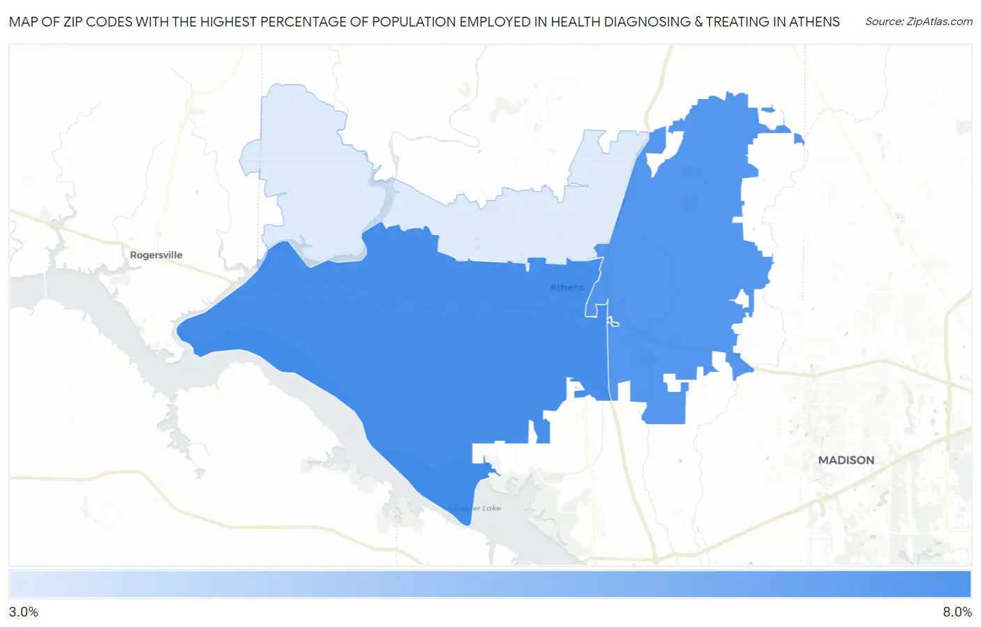 Zip Codes with the Highest Percentage of Population Employed in Health Diagnosing & Treating in Athens Map