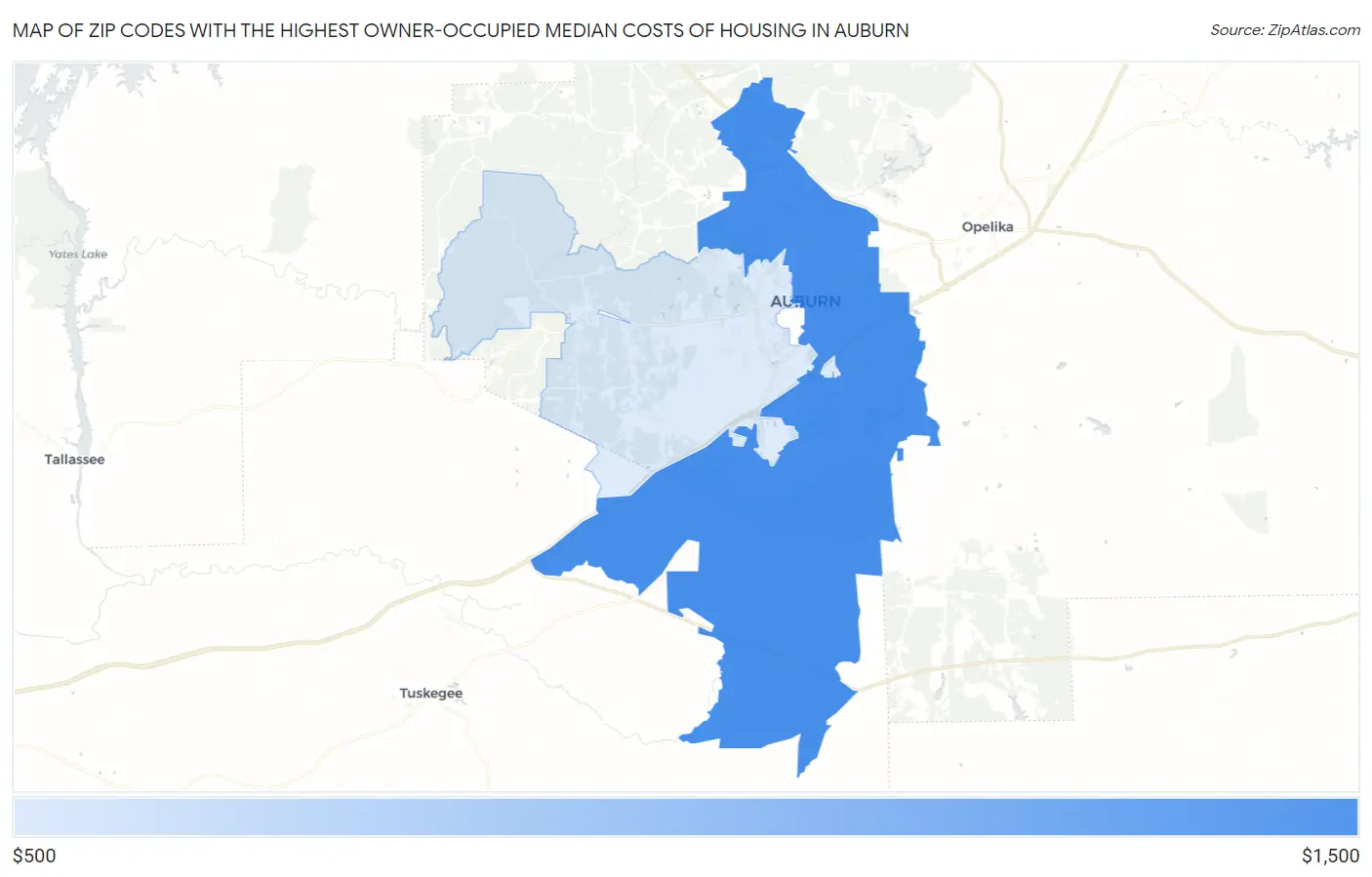 Zip Codes with the Highest Owner-Occupied Median Costs of Housing in Auburn Map