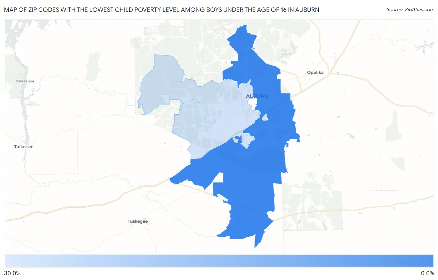 Zip Codes with the Lowest Child Poverty Level Among Boys Under the Age of 16 in Auburn Map