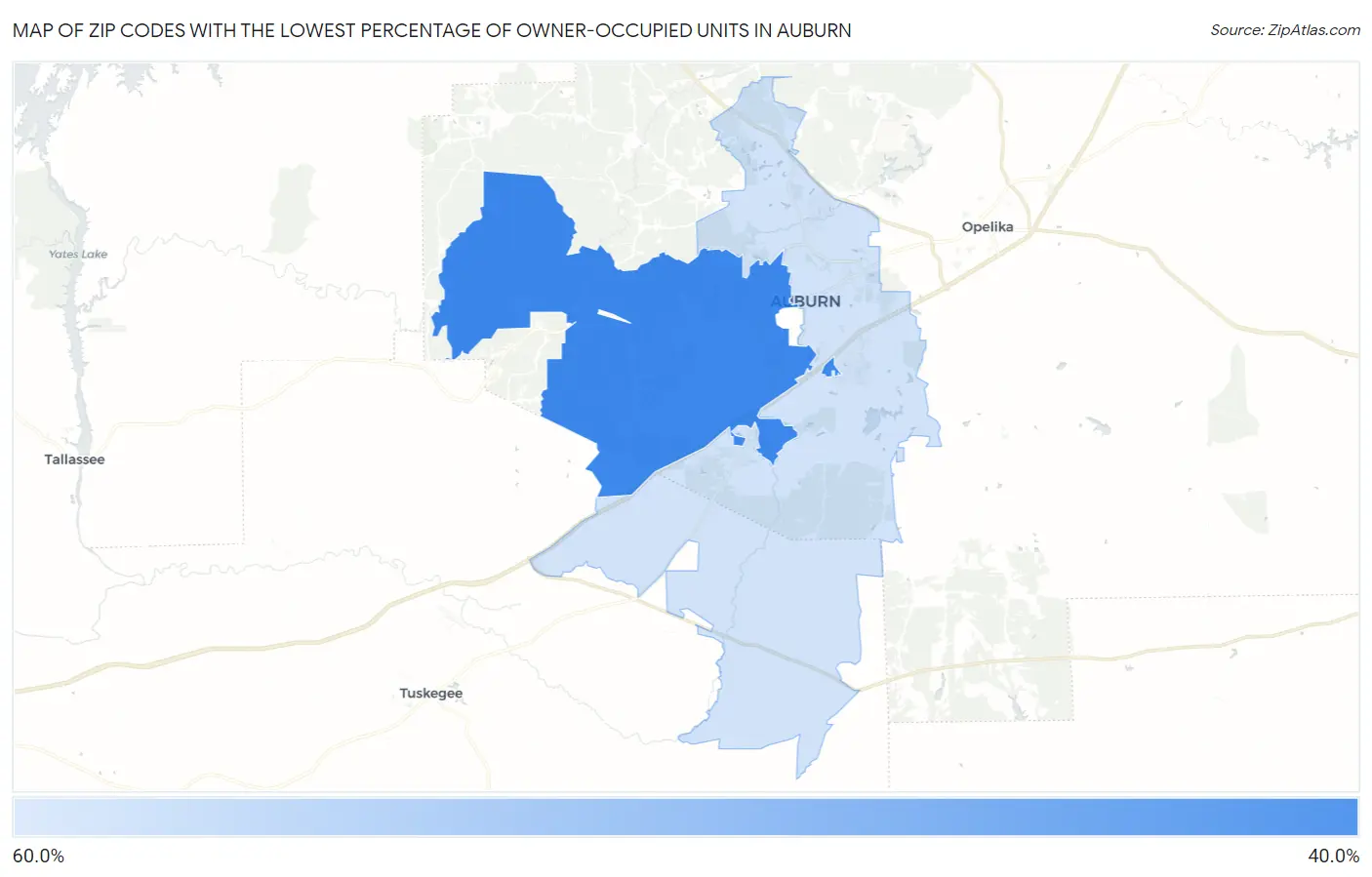 Zip Codes with the Lowest Percentage of Owner-Occupied Units in Auburn Map