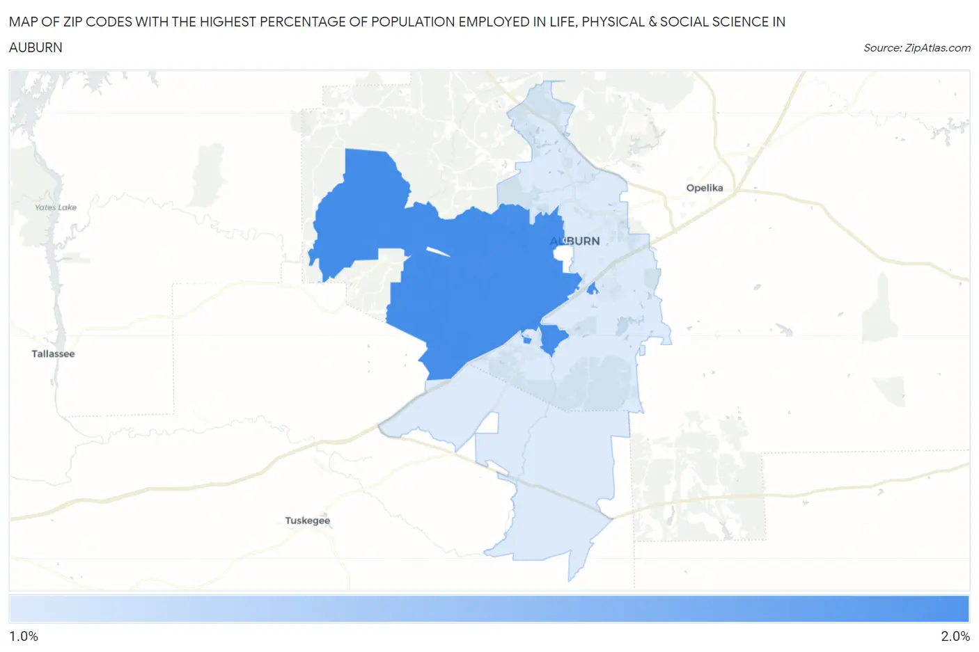 Zip Codes with the Highest Percentage of Population Employed in Life, Physical & Social Science in Auburn Map